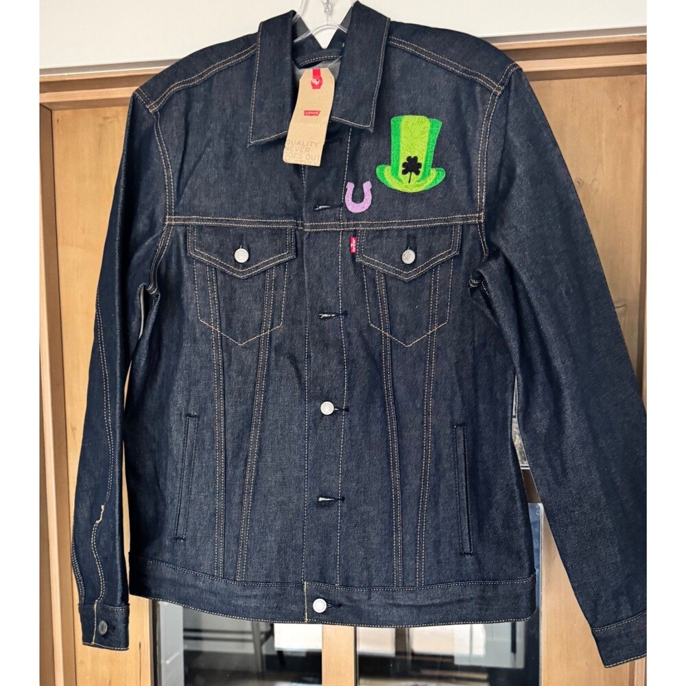 NWT Levi's Denim Trucker Jacket Men's Dark Blue St. Patrick Horseshoe Shamrock L